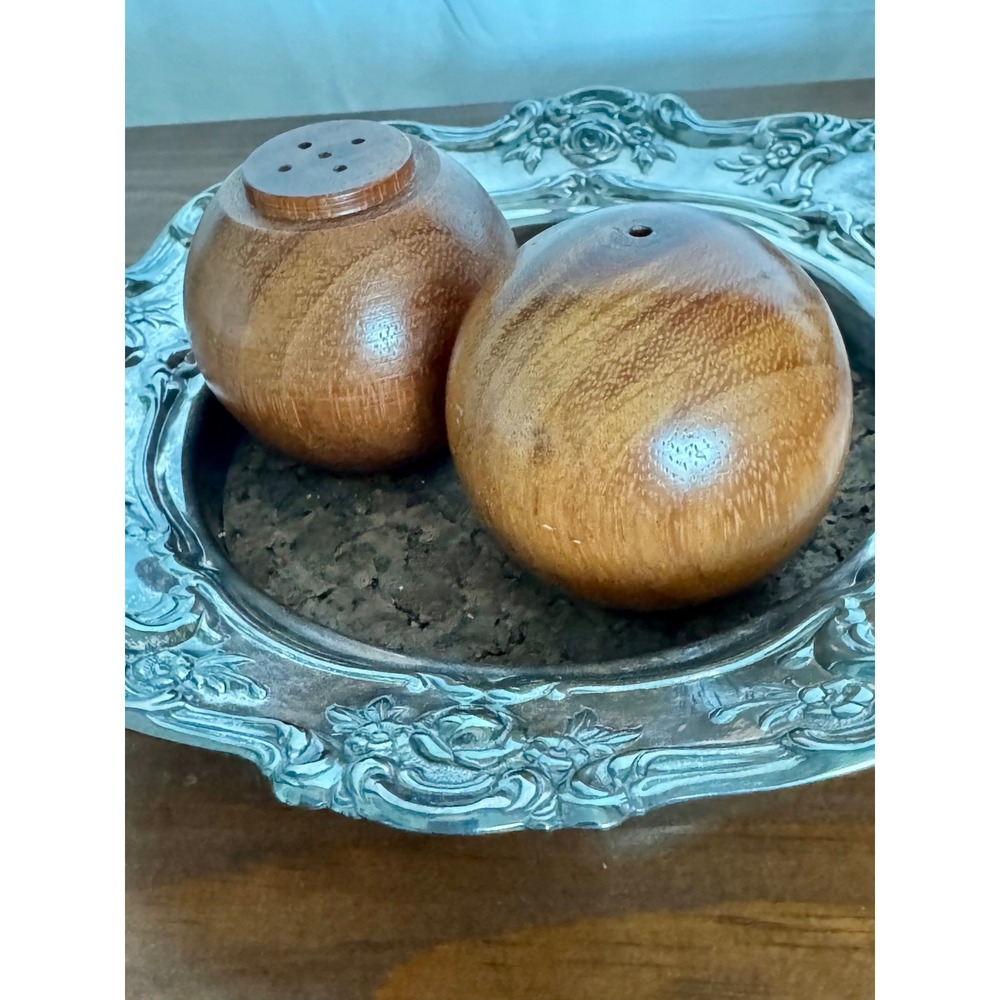 Vintage Solid Hardwood Orb Salt and Pepper Shakers Mid Century Modern Sphere Set
